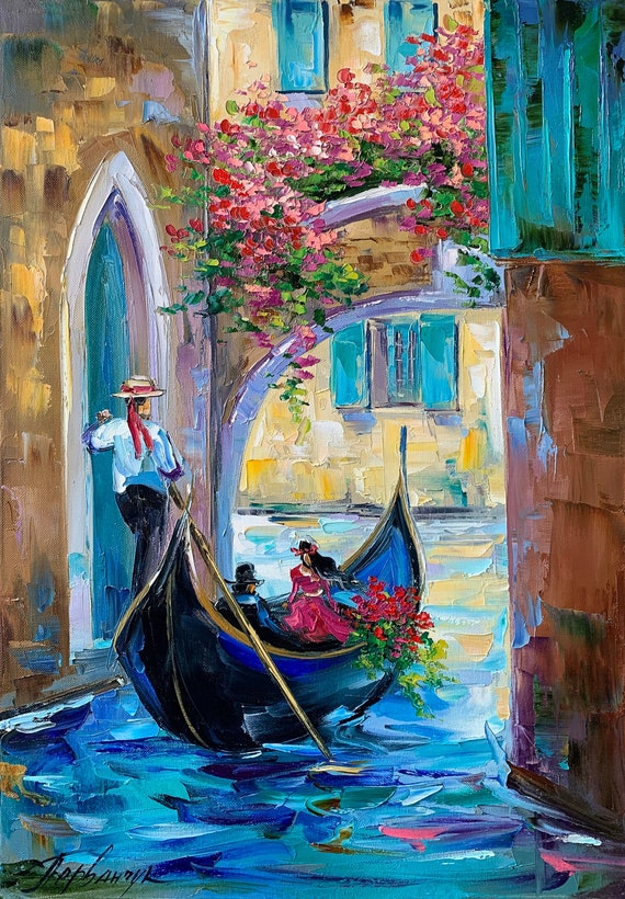 Venezia Italia Dipinto ad olio su tela Originale europeo Wall Art Boat  Decor per la casa Pittura blu Opera d'arte italiana Regalo di anniversario  per la moglie -  Italia