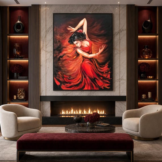Flamenco Dancer Oil Painting: Spanish Lady in Red Dress Handmade Artwork, Sensual Woman Dancing Canvas Art