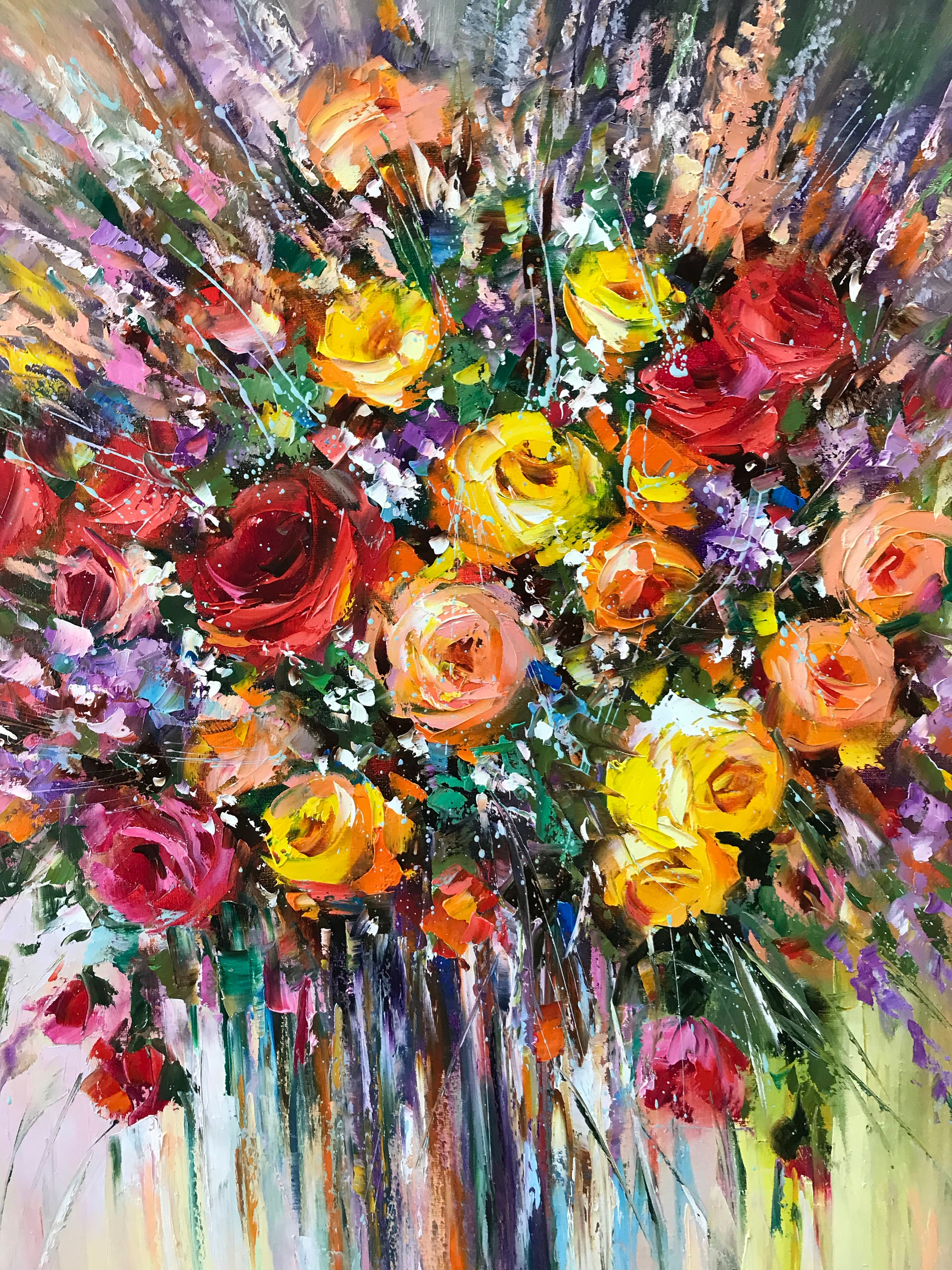 Colorful Abstract Flower Painting on Canvas Large Rose Oil