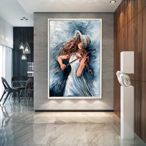 Girl Playing Violin Oil Painting Original Woman in Hat Canvas Wall Art ...