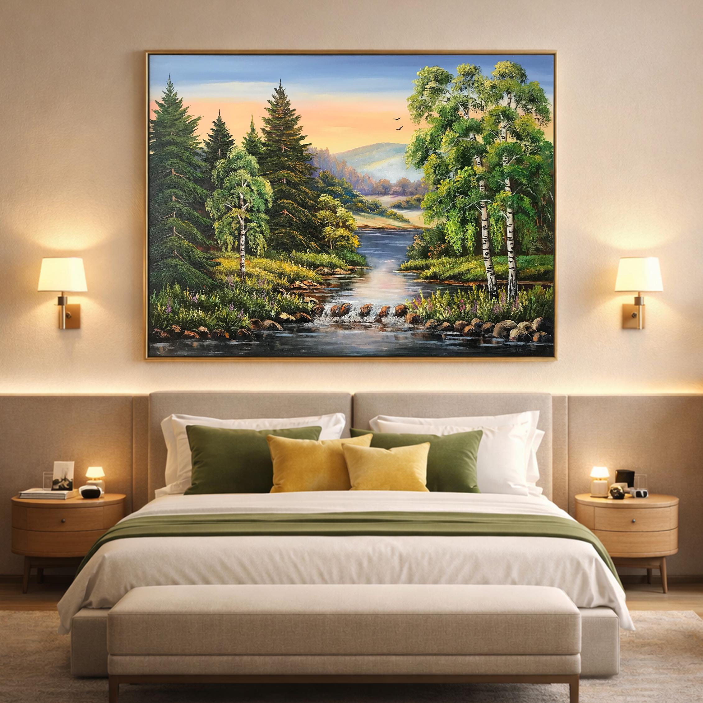 Green Forest Painting Original Trees Wall Art River Oil Painting on ...