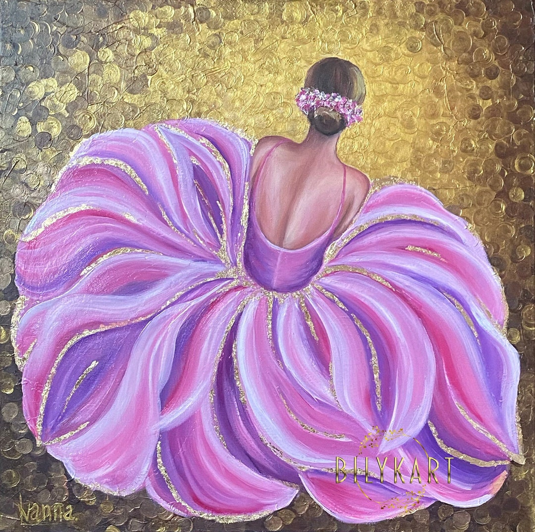 Pink Ballerina Oil Painting Original Pink and Gold Ballerina Wall Art Modern Dress Painting