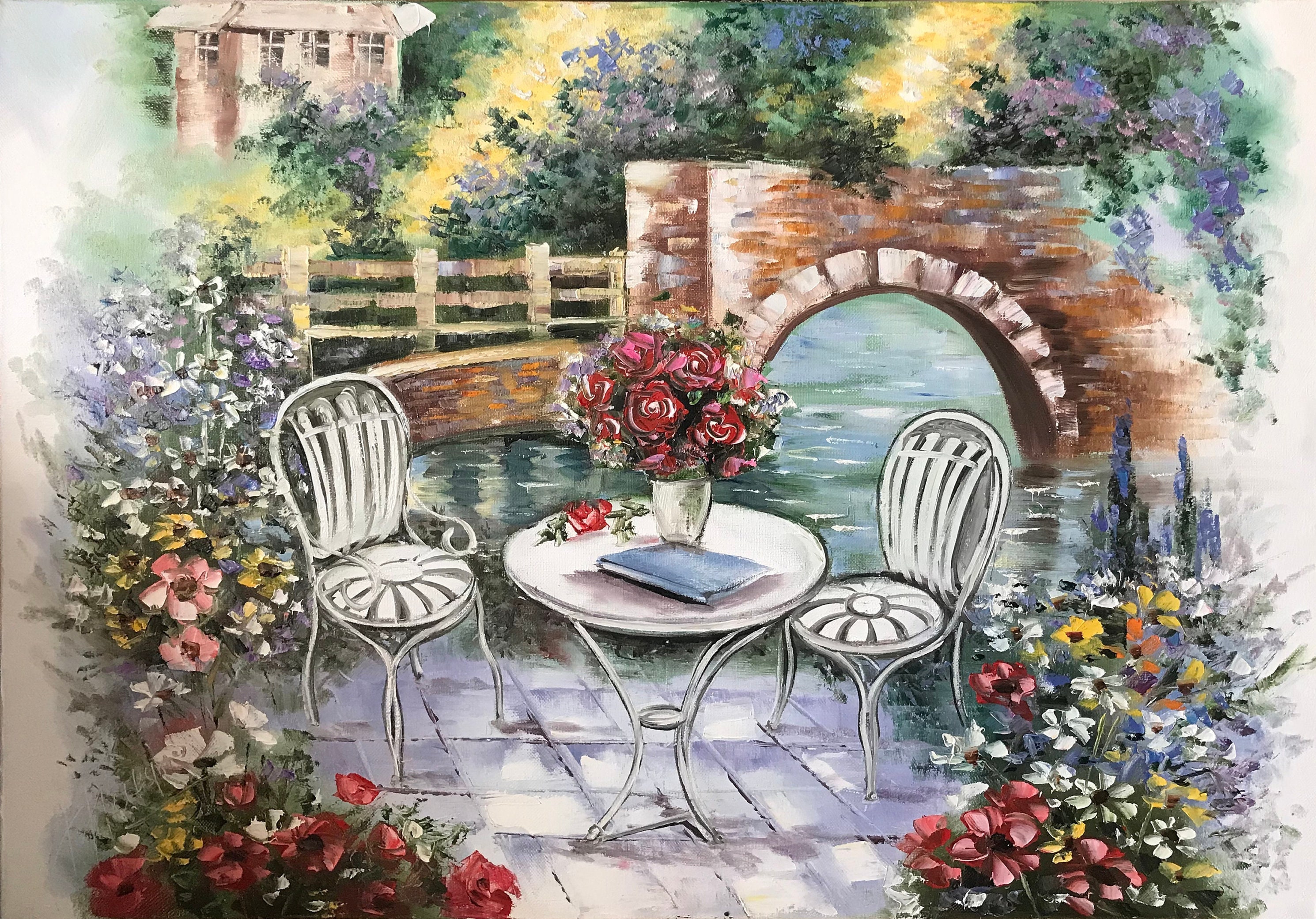 オリジナルのコテージガーデン油絵：イギリスの田園地帯のローズ
