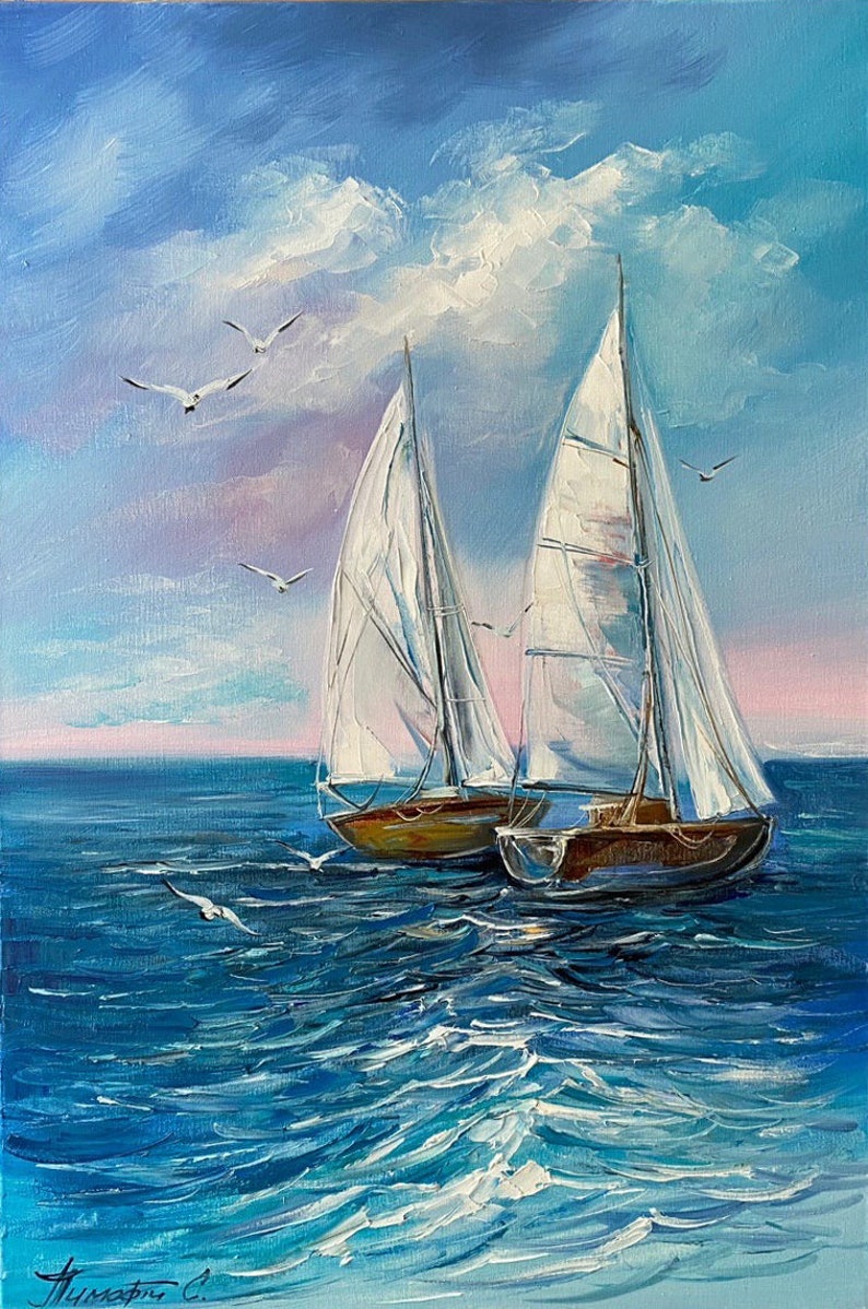 Original Sailboats Sea Oil Painting on Canvas Blue Ocean Etsy