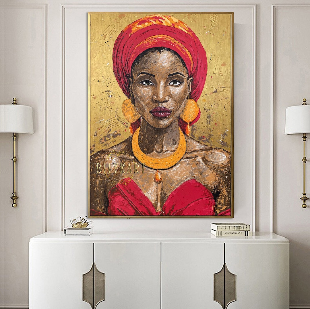 African American Painting on Canvas African Woman Wall Art Framed Black Woman Oil Painting