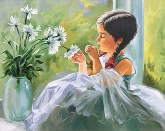 小さな女の子の絵画 オリジナルアートワーク 小さな油絵 美しい 小さな女の子の絵画 オリジナルアートワーク 小さな油絵 美しい