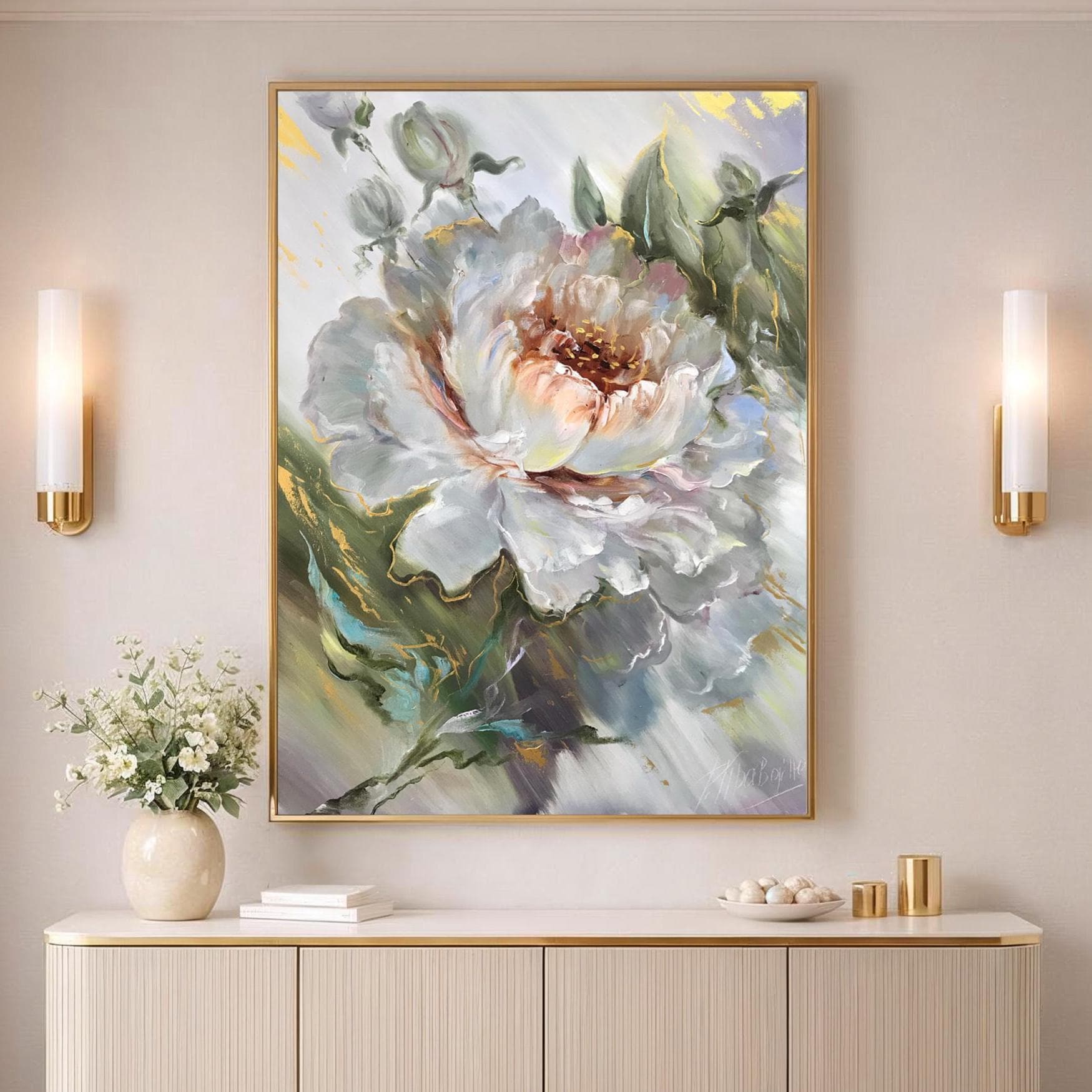 大きな抽象的な花の油絵、白緑の花の壁アート、ニュートラルカラーの花