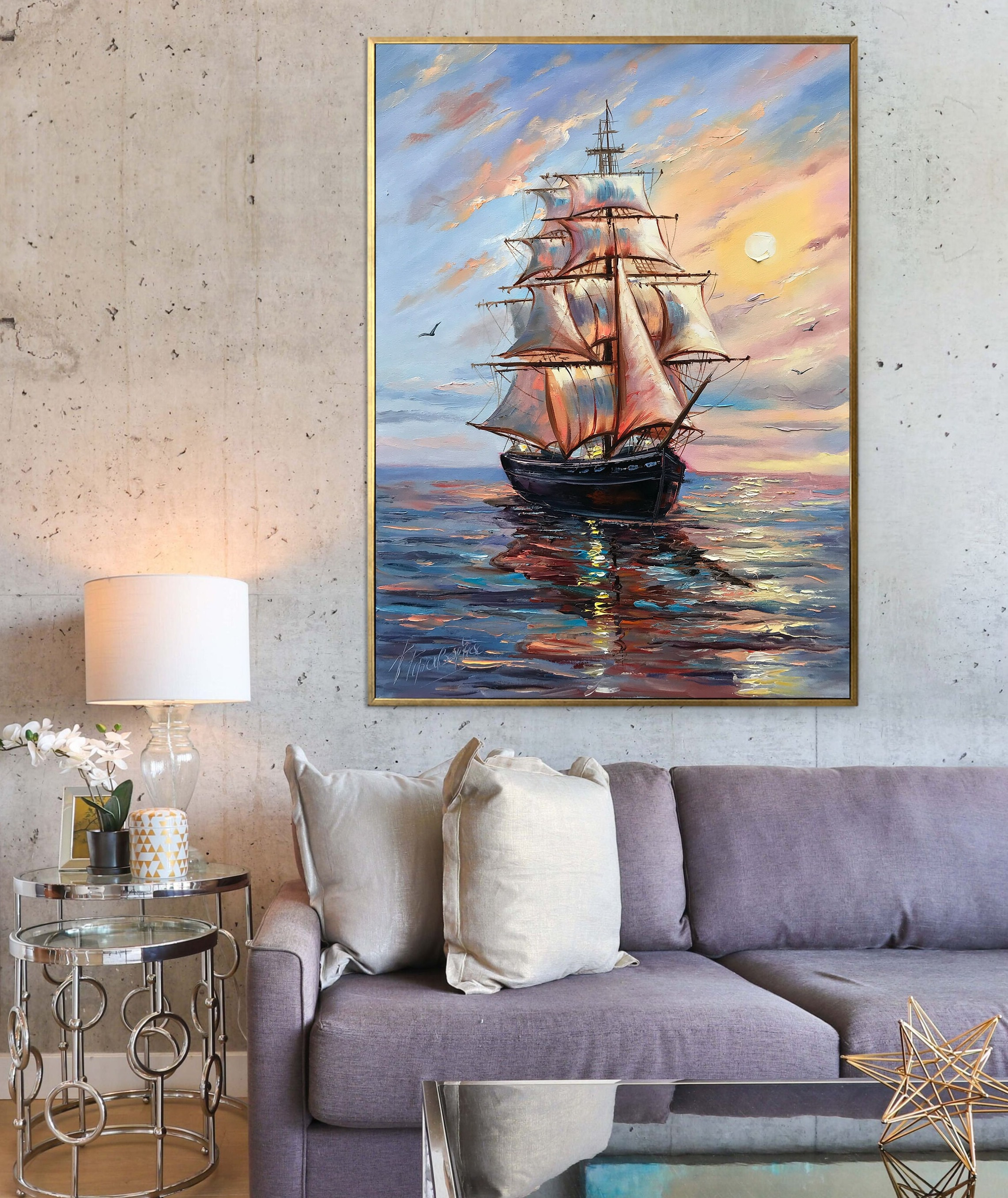 大きな船の絵画 オリジナルの海の油絵 セーリングアート 帆船の装飾