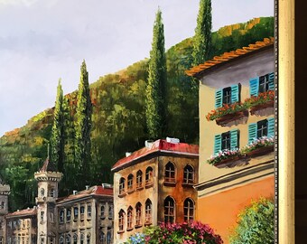 コモ湖の油絵 オリジナルイタリア風景画 キャンバス イタリアアート
