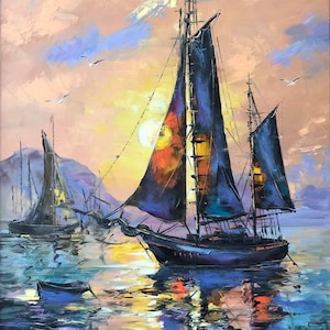 Pintura de velero, arte original de barco, pintura abstracta, arte mural de velero, decoración marítima, barco al atardecer, pintura al óleo, arte moderno de velero