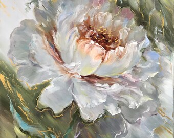 大きな抽象的な花の油絵、白緑の花の壁アート、ニュートラルカラーの花