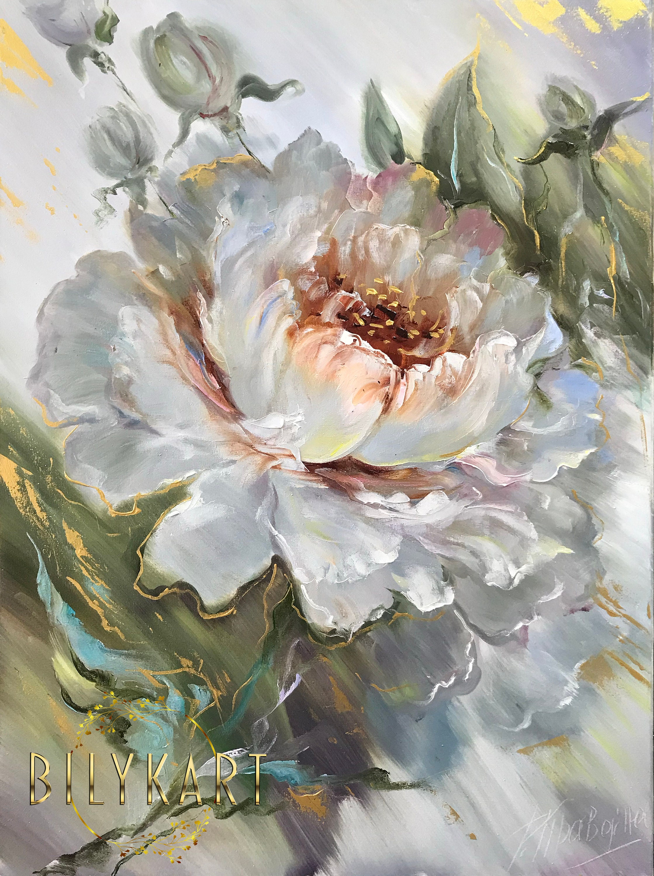 大きな抽象的な花の油絵、白緑の花の壁アート、ニュートラルカラーの花