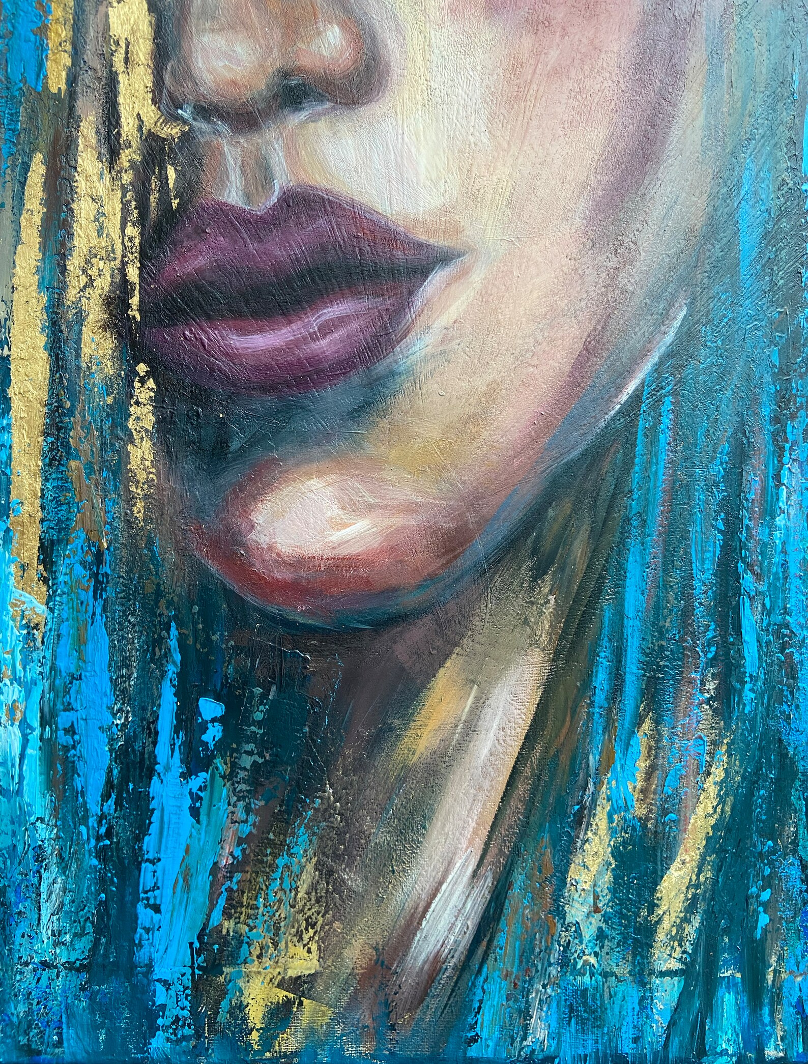 Abstract Woman Face Oil Painting, Modern Blue Gold Wall Art, (70x70cm ...