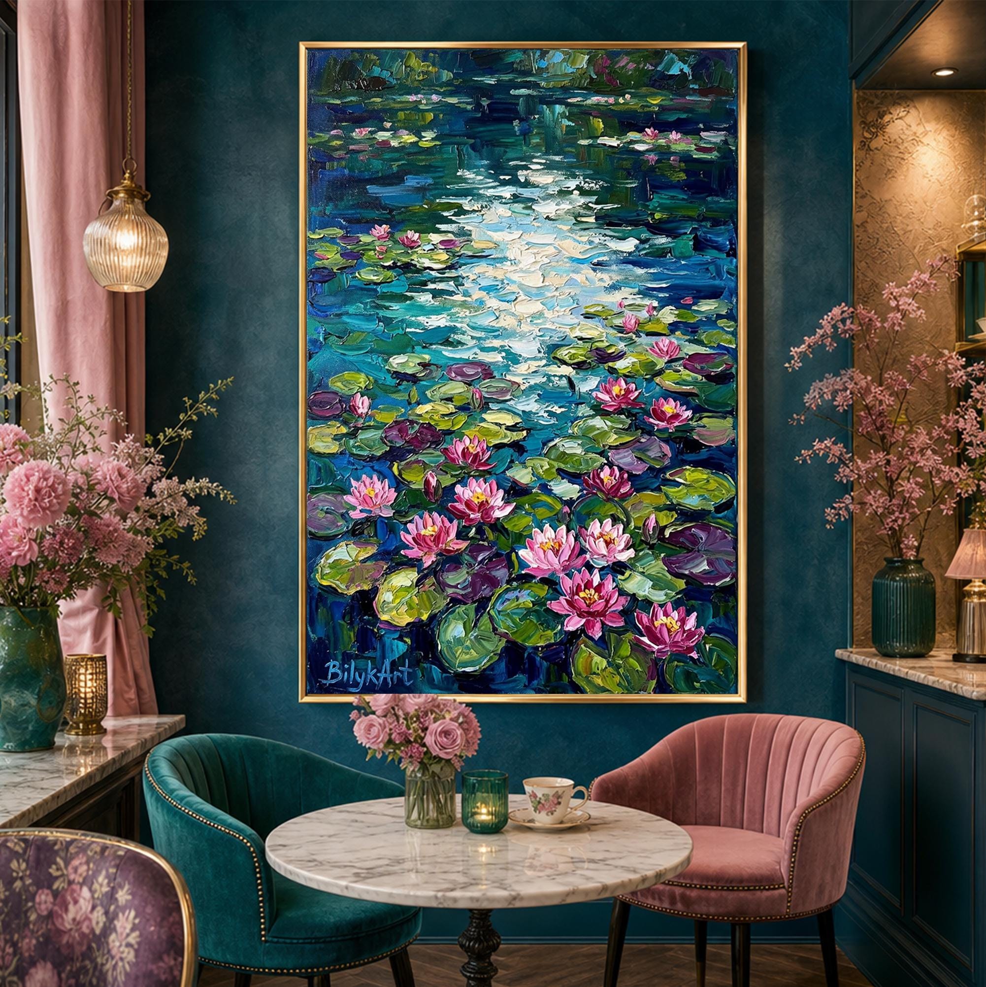 キャンバスに描かれた睡蓮の絵画 クロード・モネ 睡蓮の壁画 蓮の花の