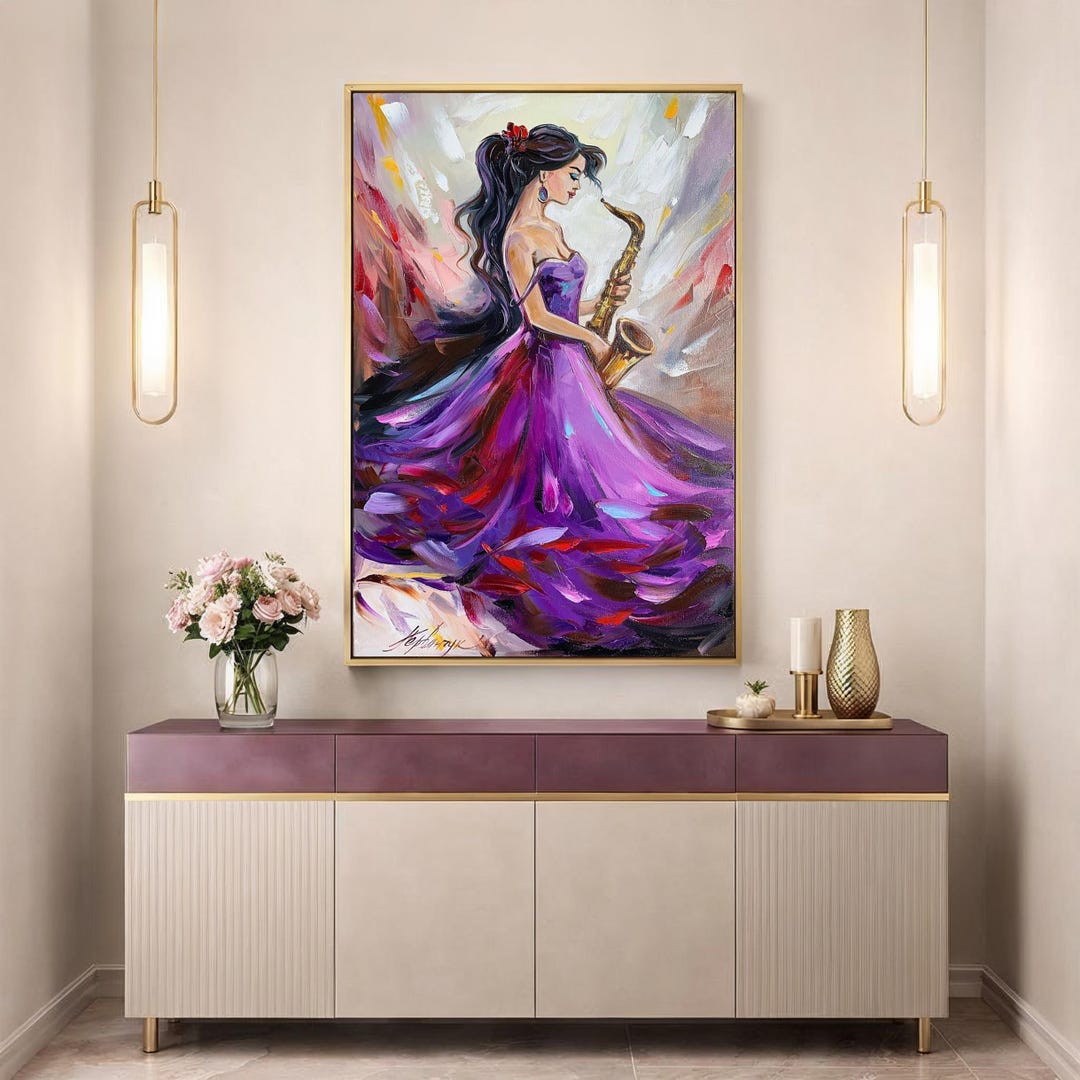 サックス奏者の女性の絵画、キャンバスに描かれたオリジナルのジャズ