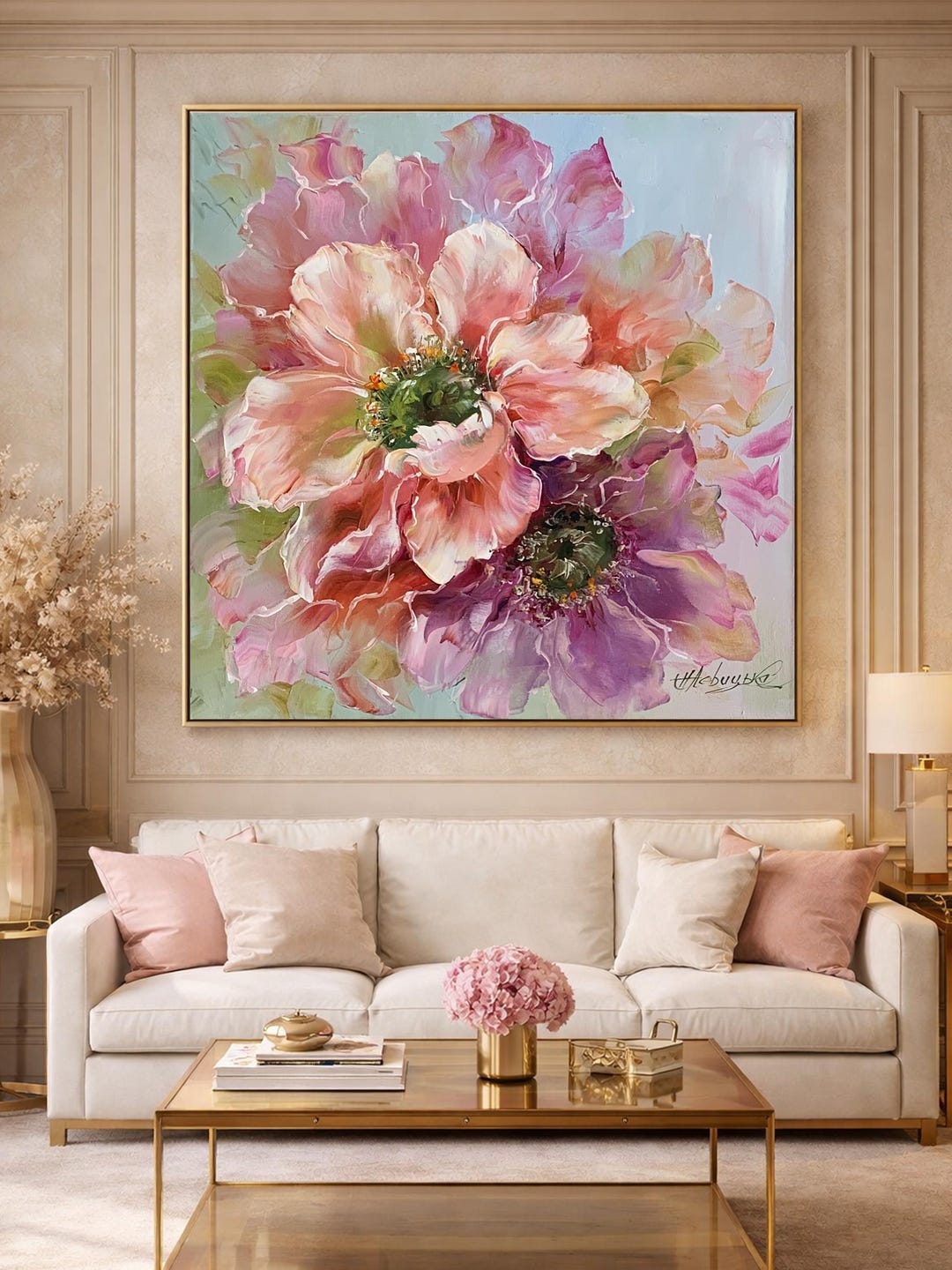 大型花柄油絵 オリジナル花柄アート作品 抽象的な花の絵画 大型