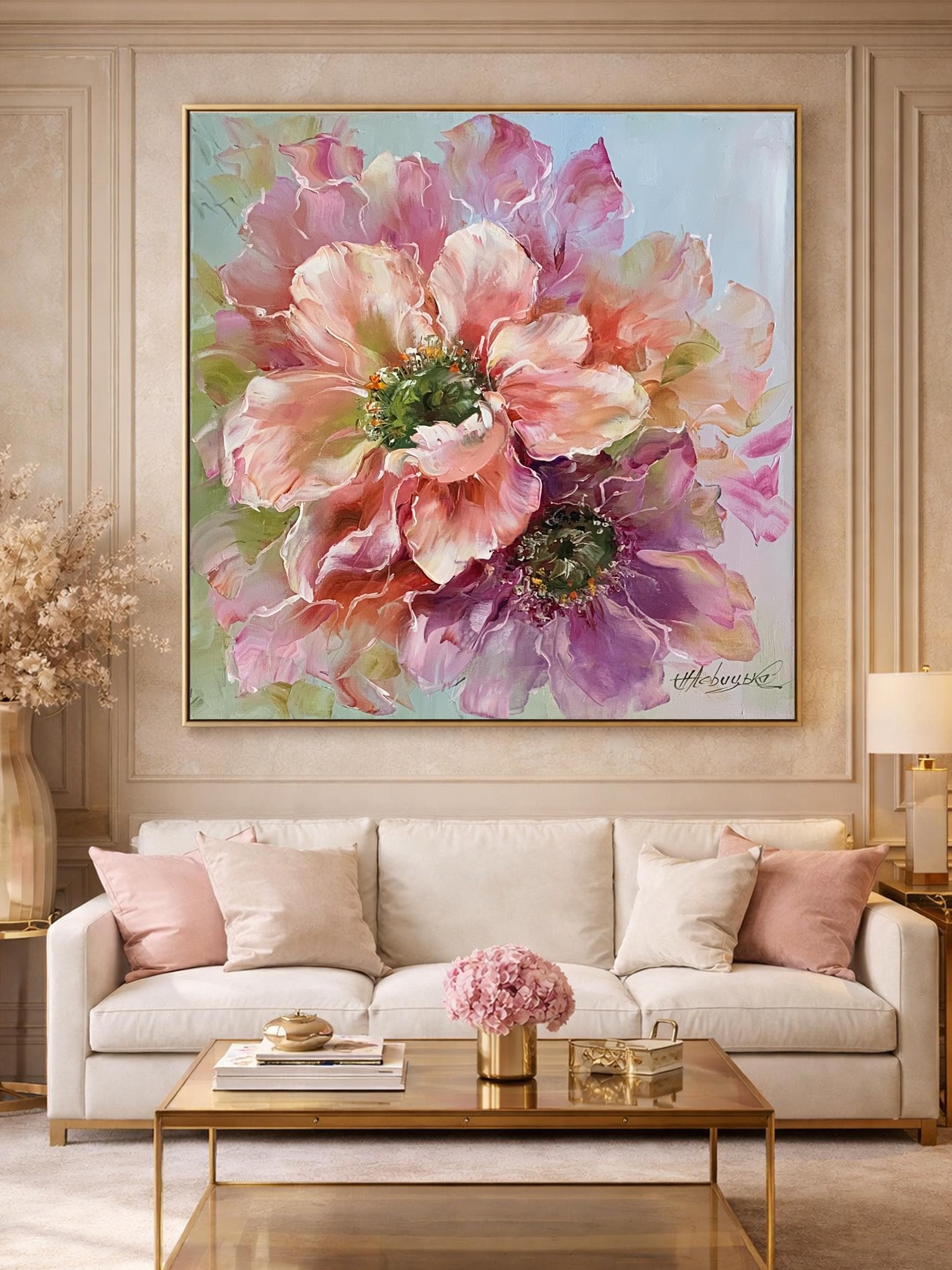 花油絵 大型花柄油絵 オリジナル花柄アート作品 抽象的な花の絵画 大型