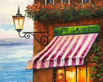 イタリアのカフェを描いた油絵オリジナル、イタリアの海辺の村のアート