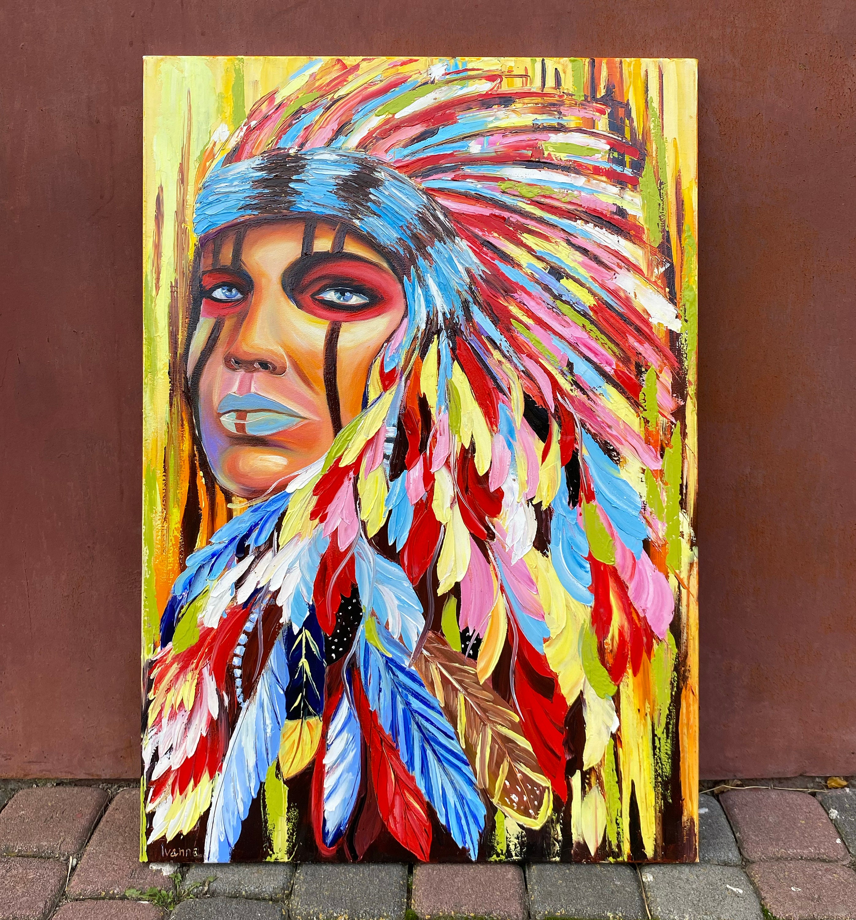 ネイティブアメリカンアート油絵 インディアンの羽根飾りをつけた