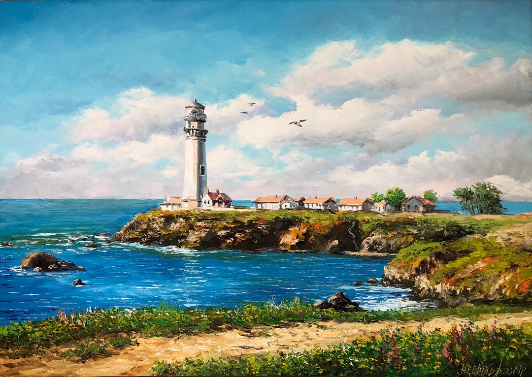 絵画　海　灯台 灯台の油絵 オリジナル太平洋岸アート風景画 額入り灯台アート