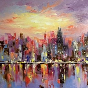 Large Night City Abstract Painting, Urban City Scape Painting, Extra Large City Modern Wall Art Decor, Chicago Skyline Abstract Oil Painting