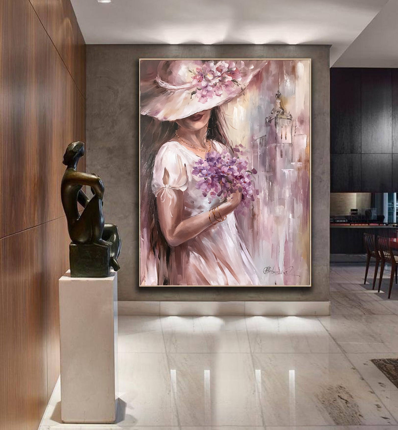 花を持つ美しい女性の絵画 若い女性の花の頭の絵画 淡いピンクの