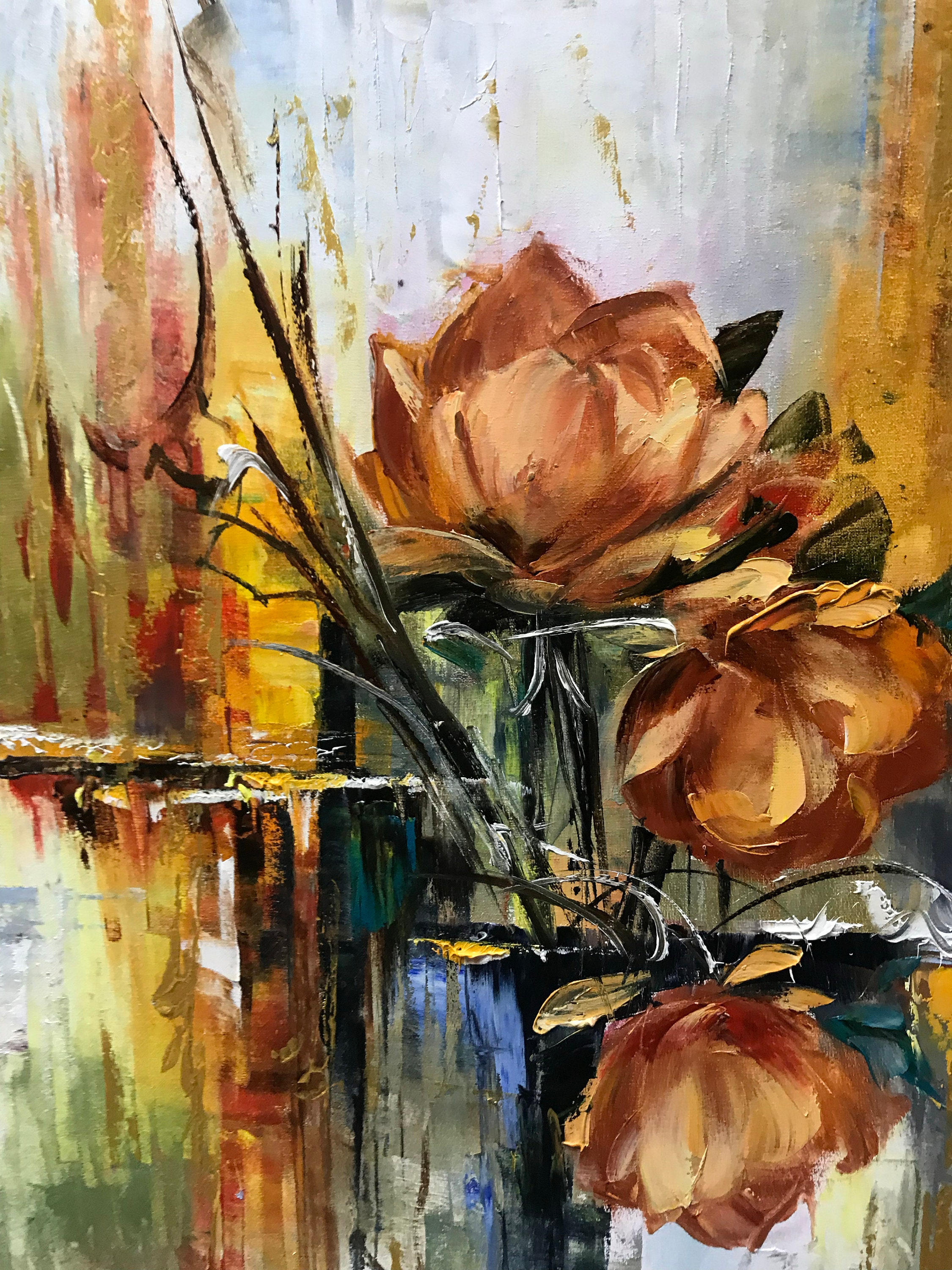 花のオリジナル油絵キャンバス油彩抽象画花瓶の花 - ショップ