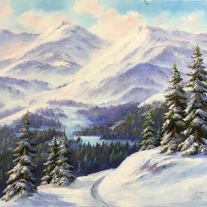 Original Swiss Alps Oil Painting, Snowy Mountain Canvas Art