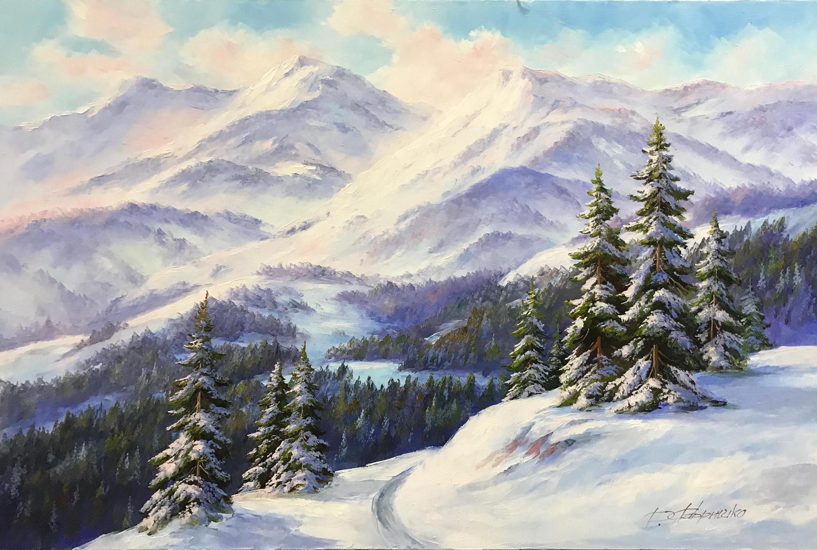 Original Swiss Alps Oil Painting, Snowy Mountain Canvas Art - Etsy