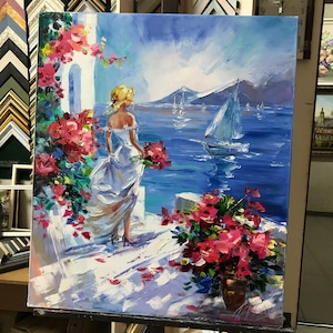 Woman at Sea Painting Original Santorini Painting on Canvas Seaside Artwork Girl Looking at the Sea Painting Greece Oil Painting Summer Gift image 5