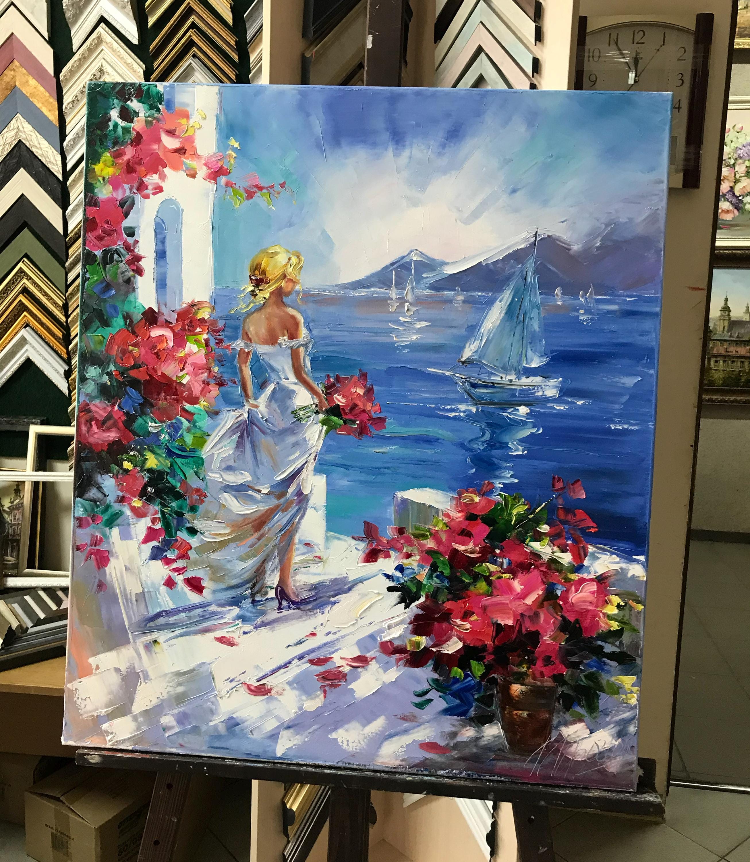 海辺の女性の絵画 キャンバスに描かれたサントリーニ島のオリジナル