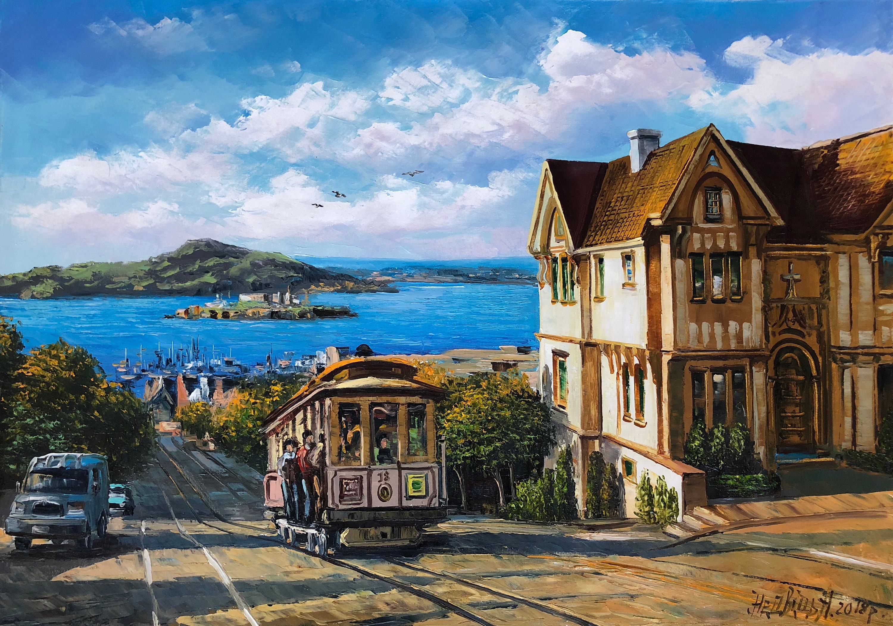 な 絵画カリフォルニアビンテージアート サンフランシスコの絵画 オリジナルケーブルカーアート