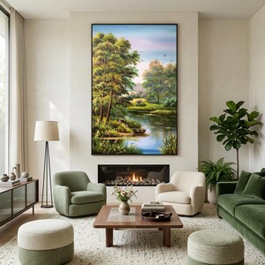 Original Landscape Oil Painting on Canvas Living Room Wall Art Green Forest Artwork River Panorama Wall Art Countryside Nature Oil Painting image 3
