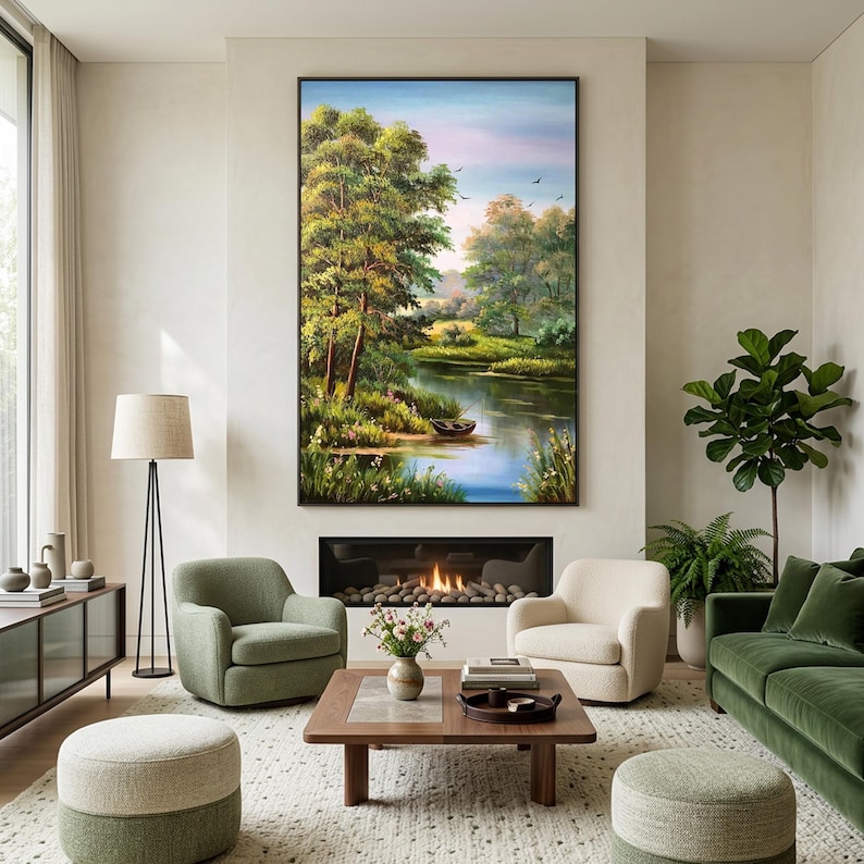 Original Landscape Oil Painting on Canvas Living Room Wall Art Green Forest Artwork River Panorama Wall Art Countryside Nature Oil Painting image 3