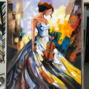 Lady With Violin Oil Painting Original Women 36x48 Canvas Wall Art Girl ...