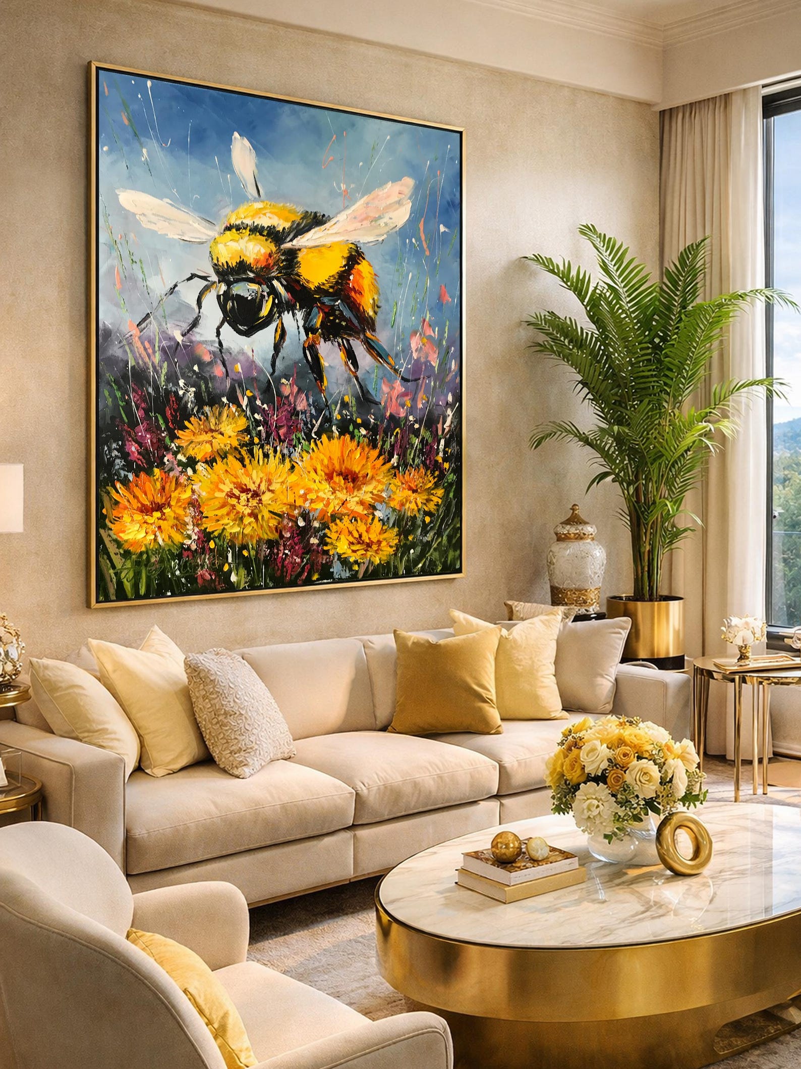 Original Bumble Bee Oil Painting, Blue and Yellow Insect Wall Art - Etsy