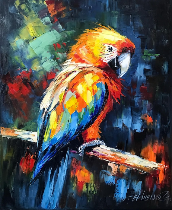 キャンバスに描かれたオウムの絵画 小鳥の油絵 オリジナルのオウムの壁
