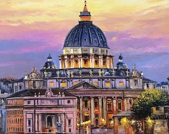 ローマ イタリア 油絵 ローマの夕べ オリジナル絵画 イタリアの