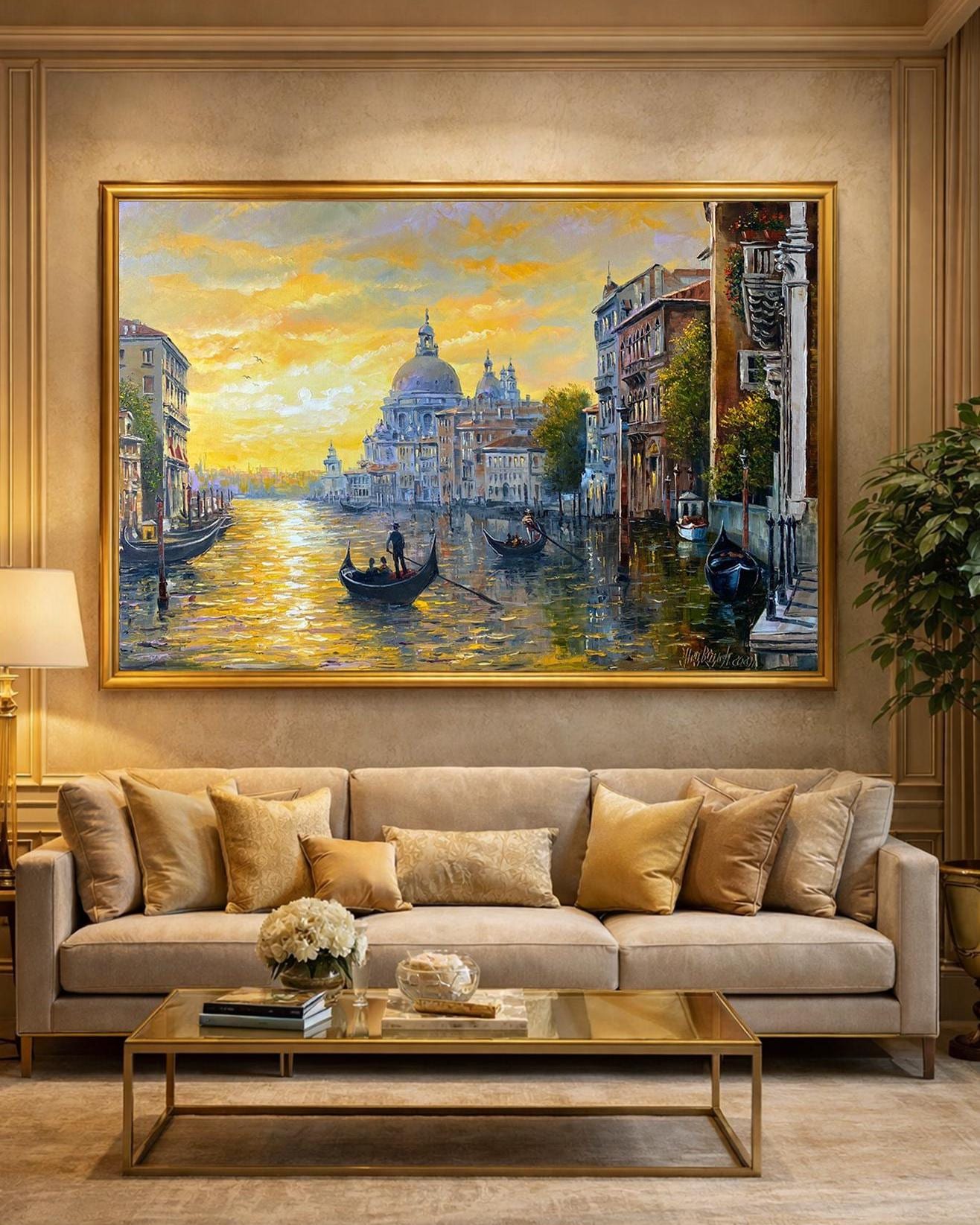 キャンバスに描かれたヴェネツィアの絵画 ゴールドの夕日の油絵