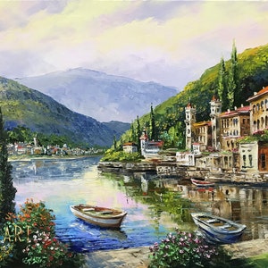 Lake Como Oil Painting Original Italy Landscape Painting Canvas Italian Art Bellagio Painting Varenna Wall Art Lago Di Como Italy Paintings
