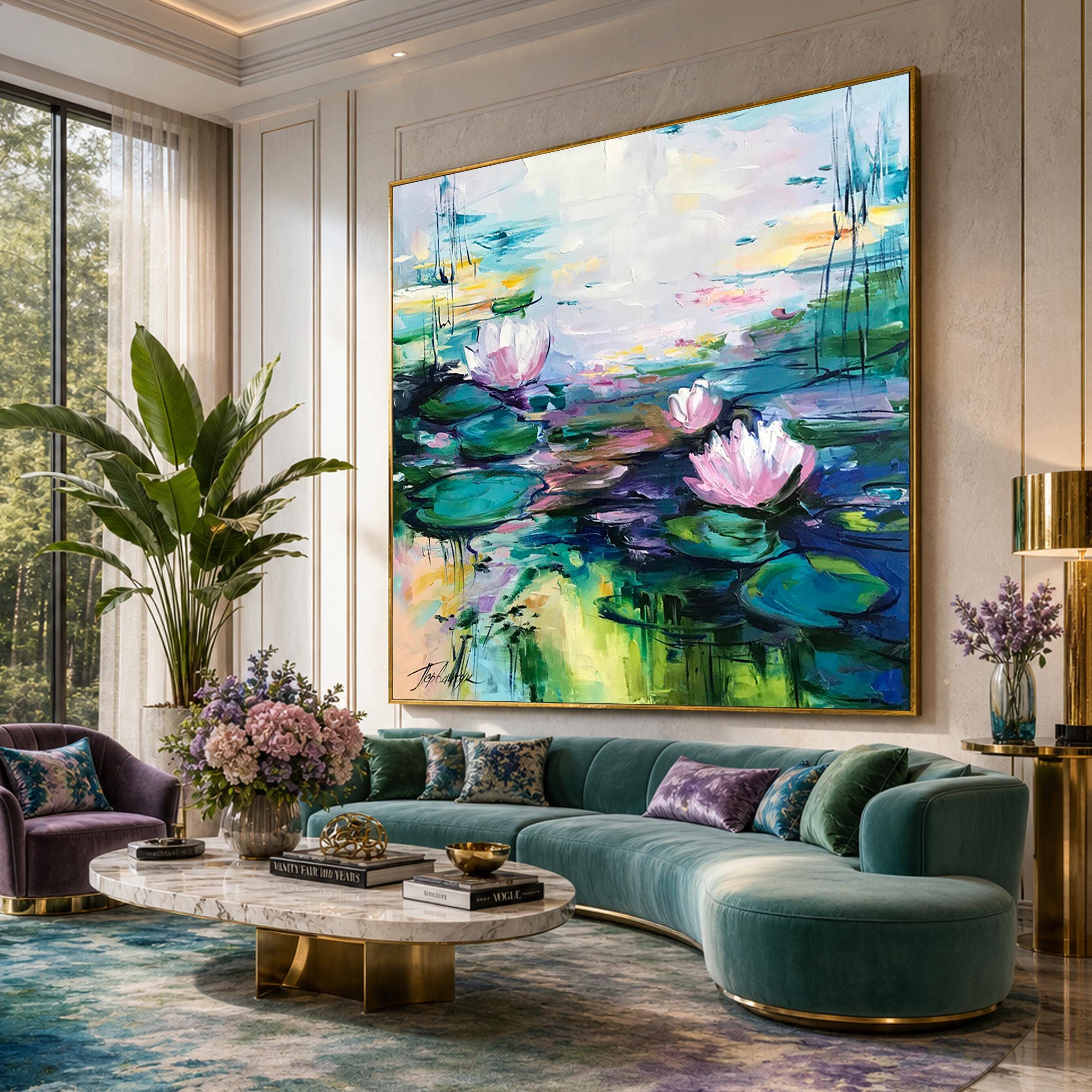 モネの絵画「睡蓮」蓮の花の壁アート、ユリの絵画、24x24インチ