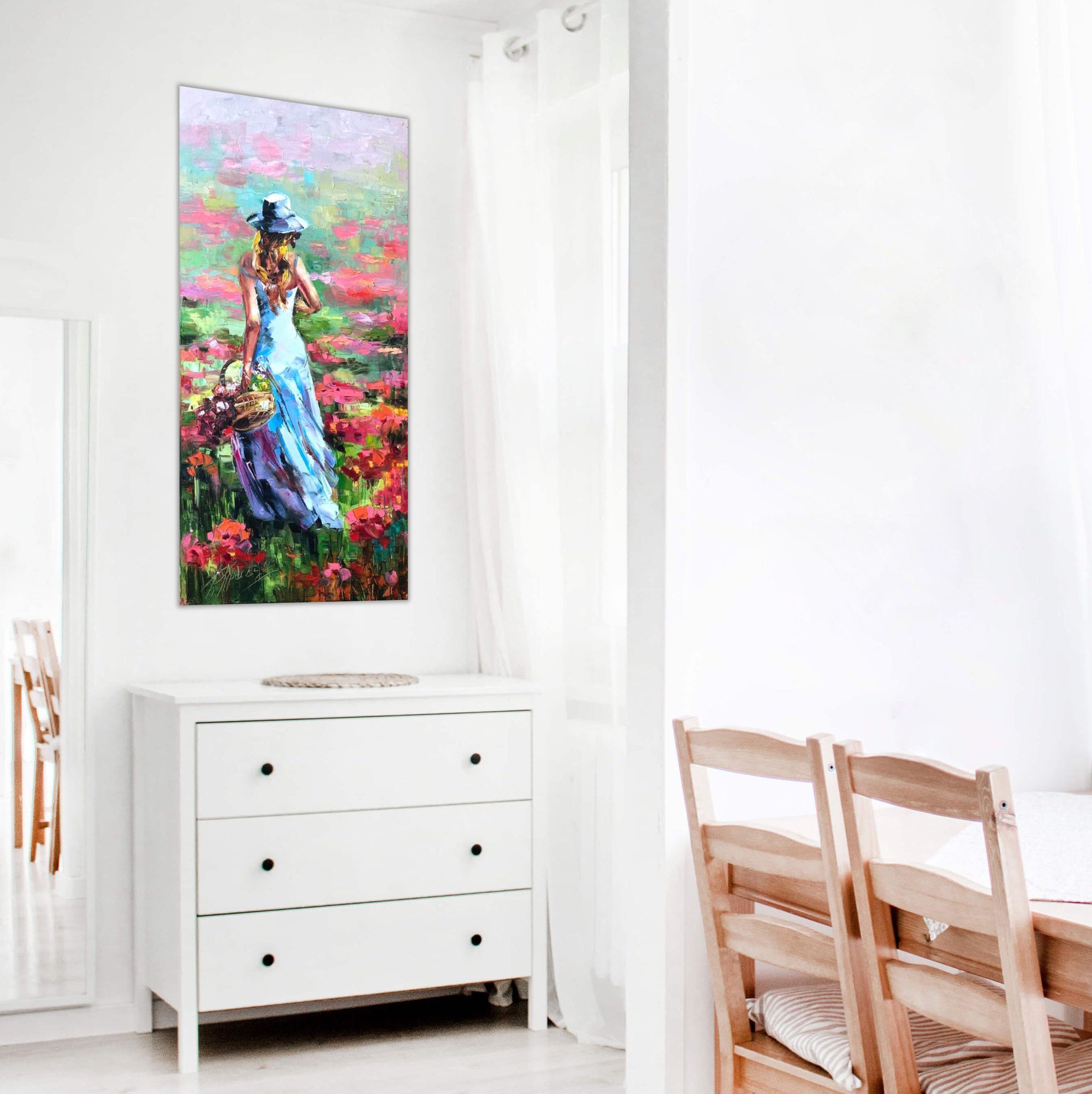 Long Vertical Painting Summer Wall Decor Girl with Flowers Etsy