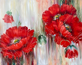 Red Poppy Oil Painting on Canvas, Abstract Floral Wall Art