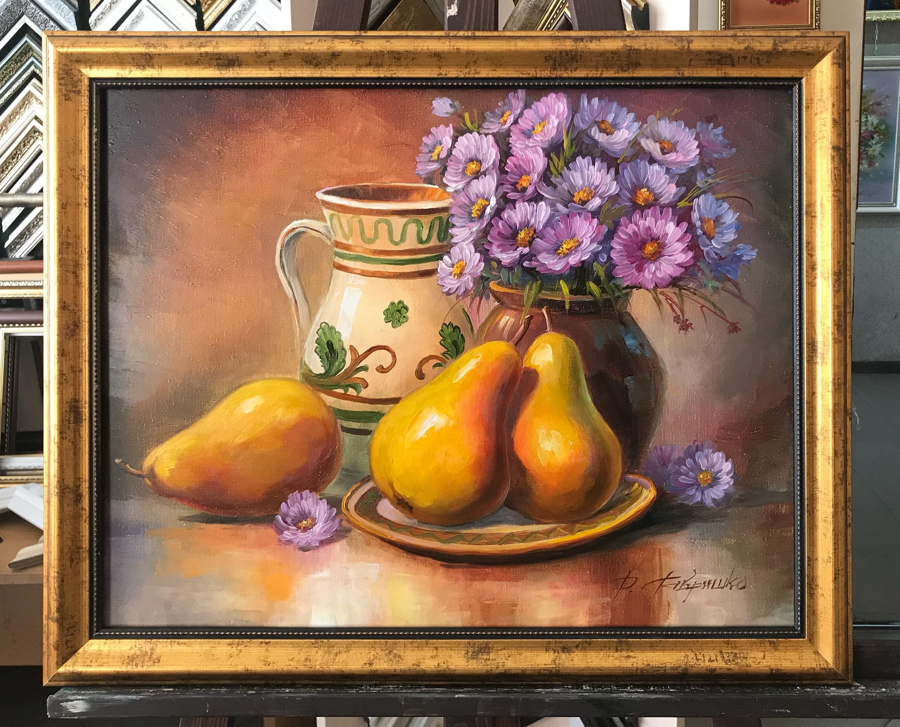 洋ナシの静物油絵 オリジナルのフルーツ絵画 洋ナシの静物画