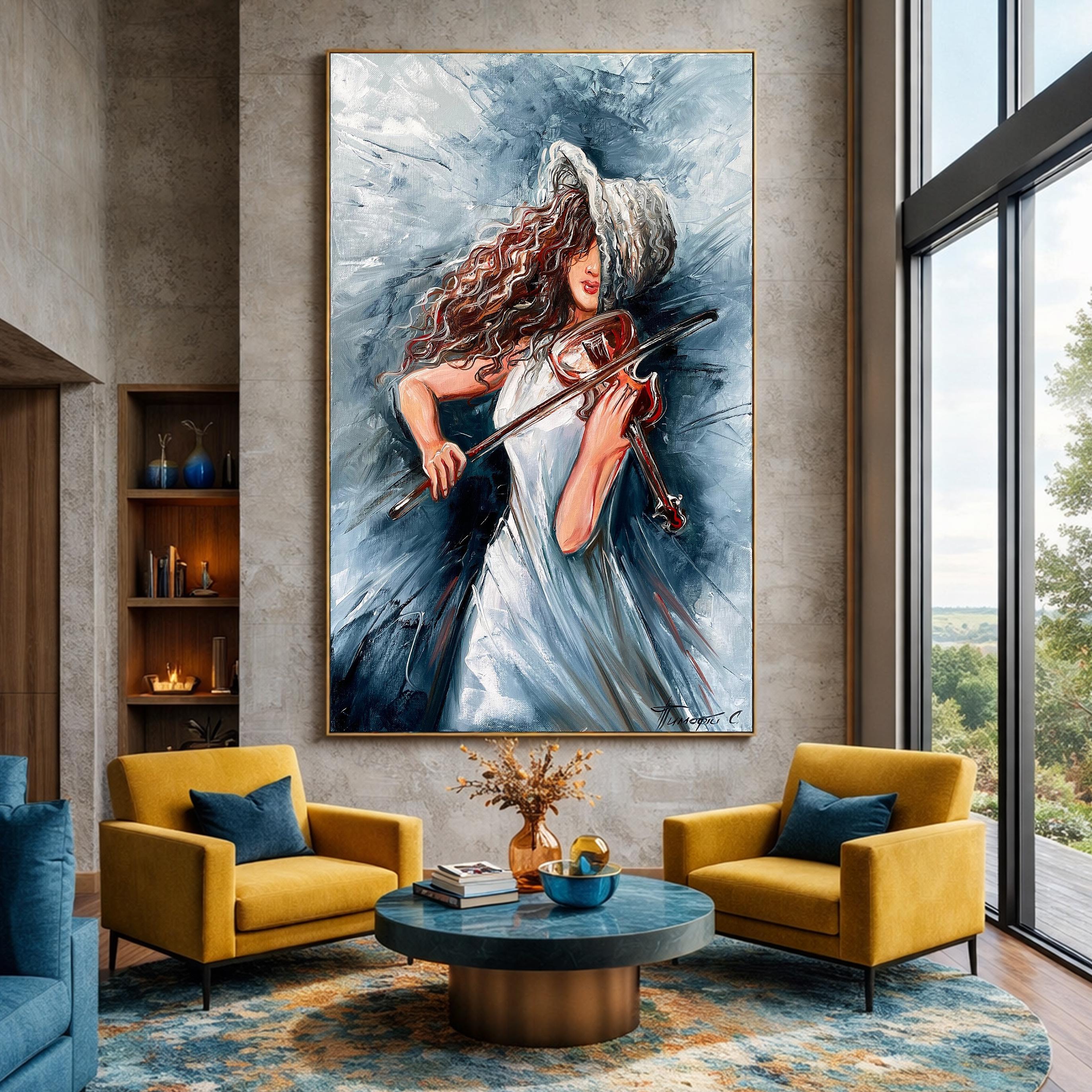 Woman Playing Violin Oil Painting Original Hand Made Artwork