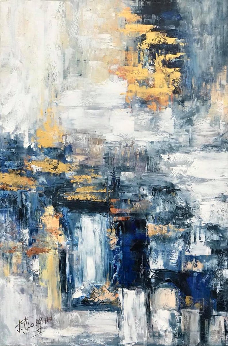 Oversize Canvas Abstract Oil Painting, Extra Large Navy Blue Gold Art ...