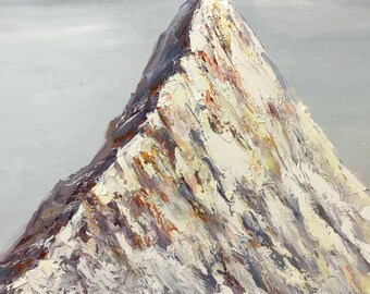 エベレスト山の油絵 オリジナル抽象山画 ヒマラヤアート スキー絵画