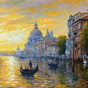 May include: Oil painting of a Venetian canal scene at sunset. Gondolas with passengers glide on the water. Buildings line the canal, and a large domed church is in the background. The sky is a mix of yellow and orange.