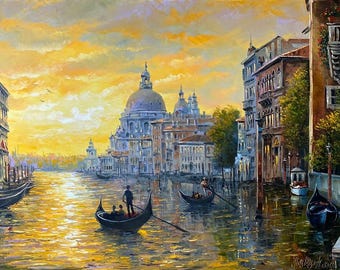 キャンバスに描かれたヴェネツィアの絵画 ゴールドの夕日の油絵