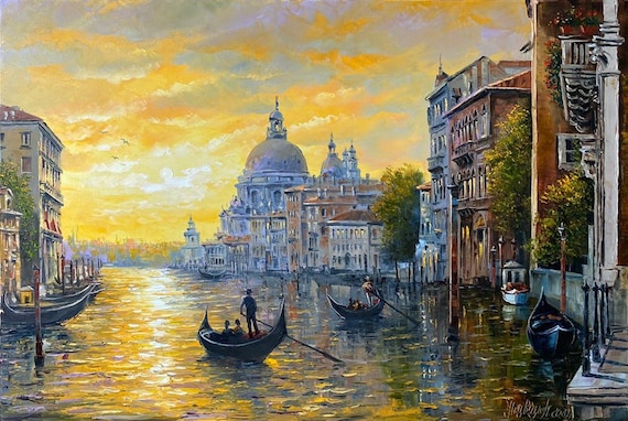 キャンバスに描かれたヴェネツィアの絵画 ゴールドの夕日の油絵